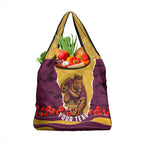 Personalized Brisbane Broncos ANZAC Tribute Grocery Bag Poppy Field Soldier Silhouette Aboriginal Rugby Mascot