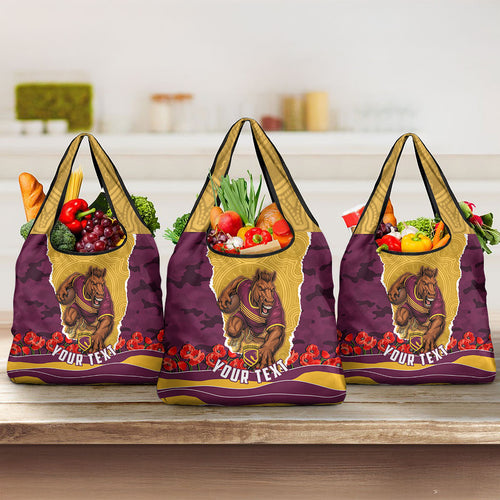 Personalized Brisbane Broncos ANZAC Tribute Grocery Bag Poppy Field Soldier Silhouette Aboriginal Rugby Mascot