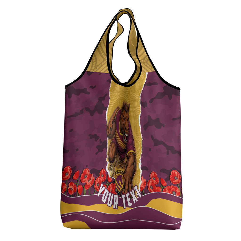 Personalized Brisbane Broncos ANZAC Tribute Grocery Bag Poppy Field Soldier Silhouette Aboriginal Rugby Mascot