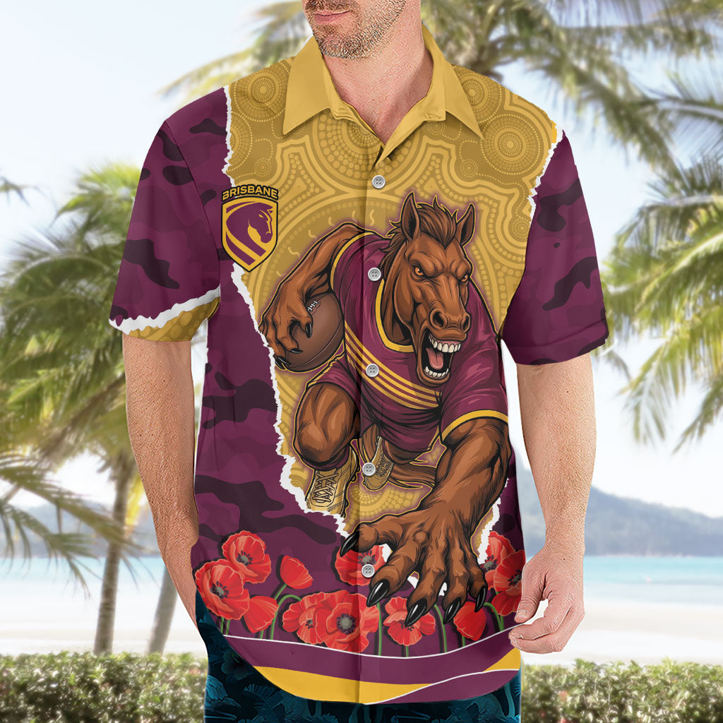 Personalized Brisbane Broncos ANZAC Tribute Hawaiian Shirt Poppy Field Soldier Silhouette Aboriginal Rugby Mascot