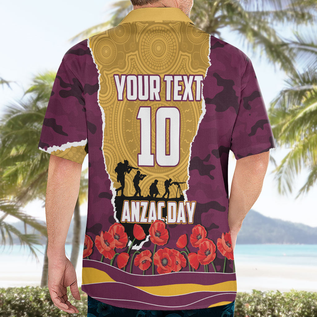 Personalized Brisbane Broncos ANZAC Tribute Hawaiian Shirt Poppy Field Soldier Silhouette Aboriginal Rugby Mascot