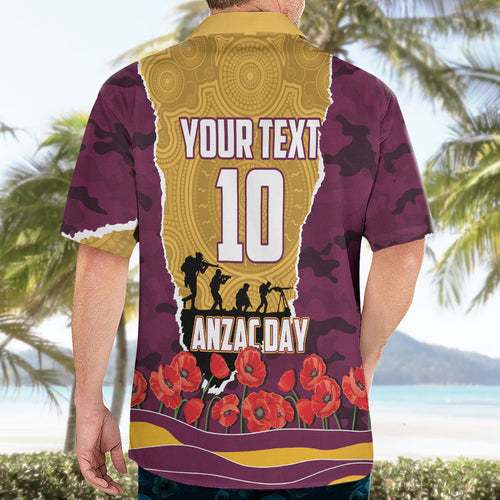 Personalized Brisbane Broncos ANZAC Tribute Hawaiian Shirt Poppy Field Soldier Silhouette Aboriginal Rugby Mascot