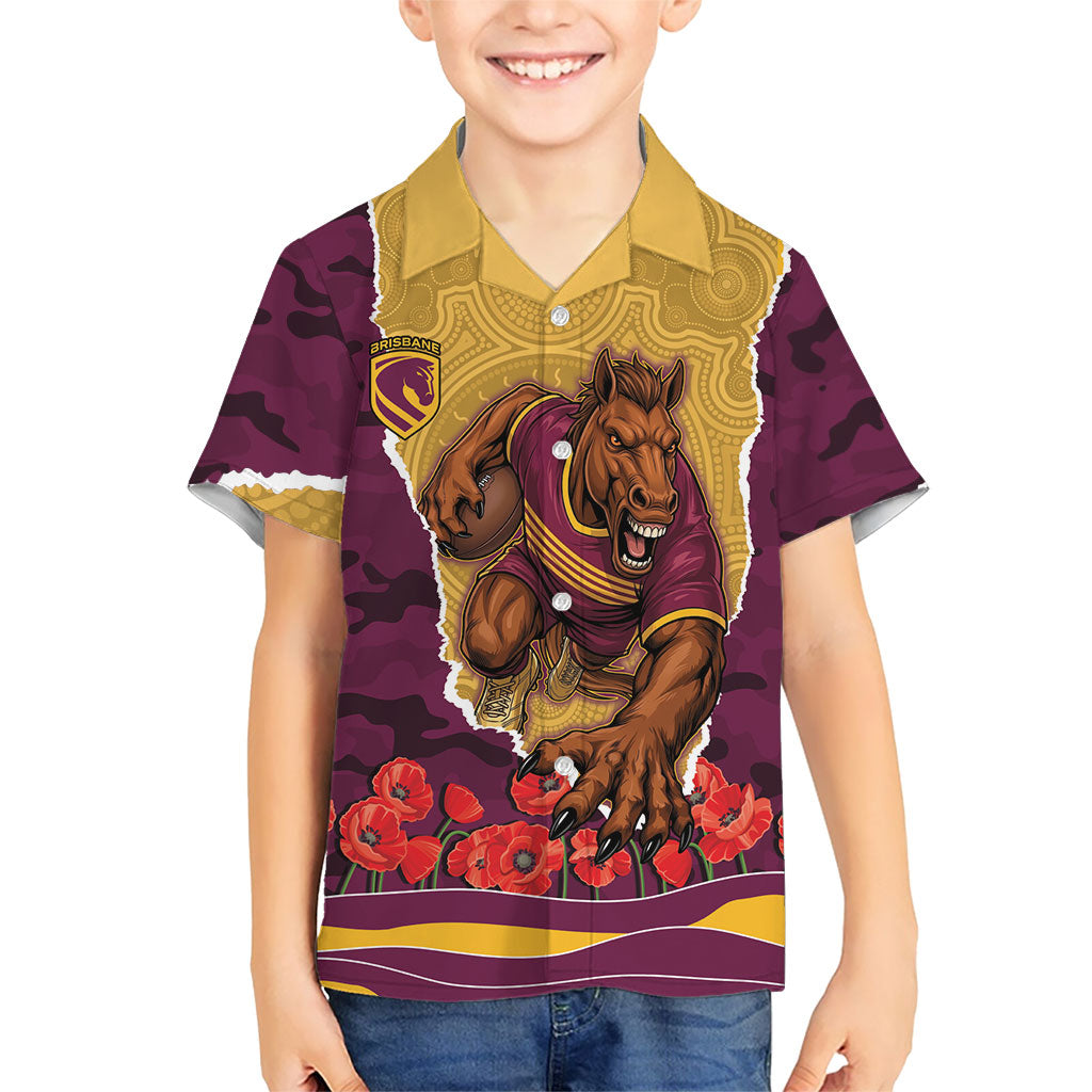 Personalized Brisbane Broncos ANZAC Tribute Hawaiian Shirt Poppy Field Soldier Silhouette Aboriginal Rugby Mascot