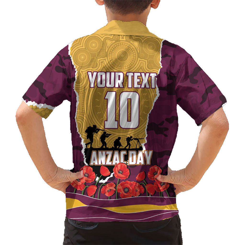 Personalized Brisbane Broncos ANZAC Tribute Hawaiian Shirt Poppy Field Soldier Silhouette Aboriginal Rugby Mascot