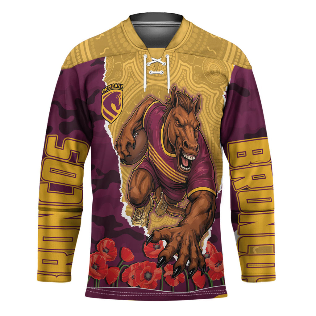 Personalized Brisbane Broncos ANZAC Tribute Hockey Jersey Poppy Field Soldier Silhouette Aboriginal Rugby Mascot