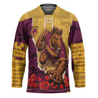 Personalized Brisbane Broncos ANZAC Tribute Hockey Jersey Poppy Field Soldier Silhouette Aboriginal Rugby Mascot