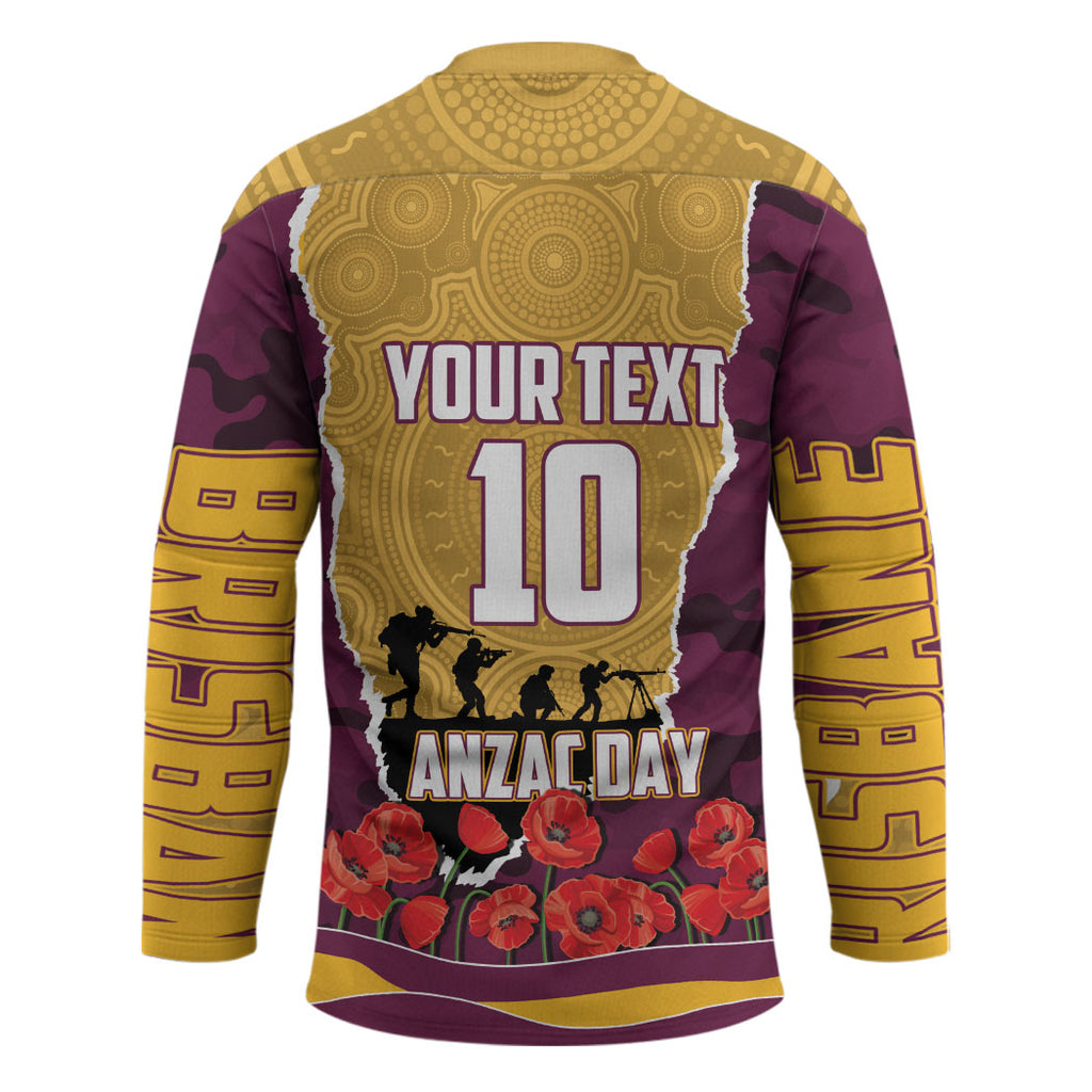 Personalized Brisbane Broncos ANZAC Tribute Hockey Jersey Poppy Field Soldier Silhouette Aboriginal Rugby Mascot