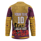 Personalized Brisbane Broncos ANZAC Tribute Hockey Jersey Poppy Field Soldier Silhouette Aboriginal Rugby Mascot