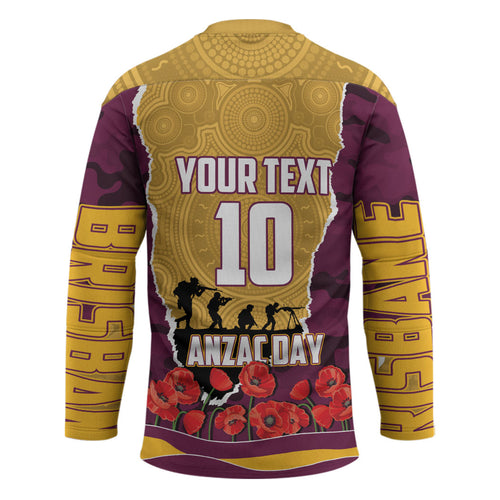 Personalized Brisbane Broncos ANZAC Tribute Hockey Jersey Poppy Field Soldier Silhouette Aboriginal Rugby Mascot