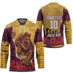 Personalized Brisbane Broncos ANZAC Tribute Hockey Jersey Poppy Field Soldier Silhouette Aboriginal Rugby Mascot