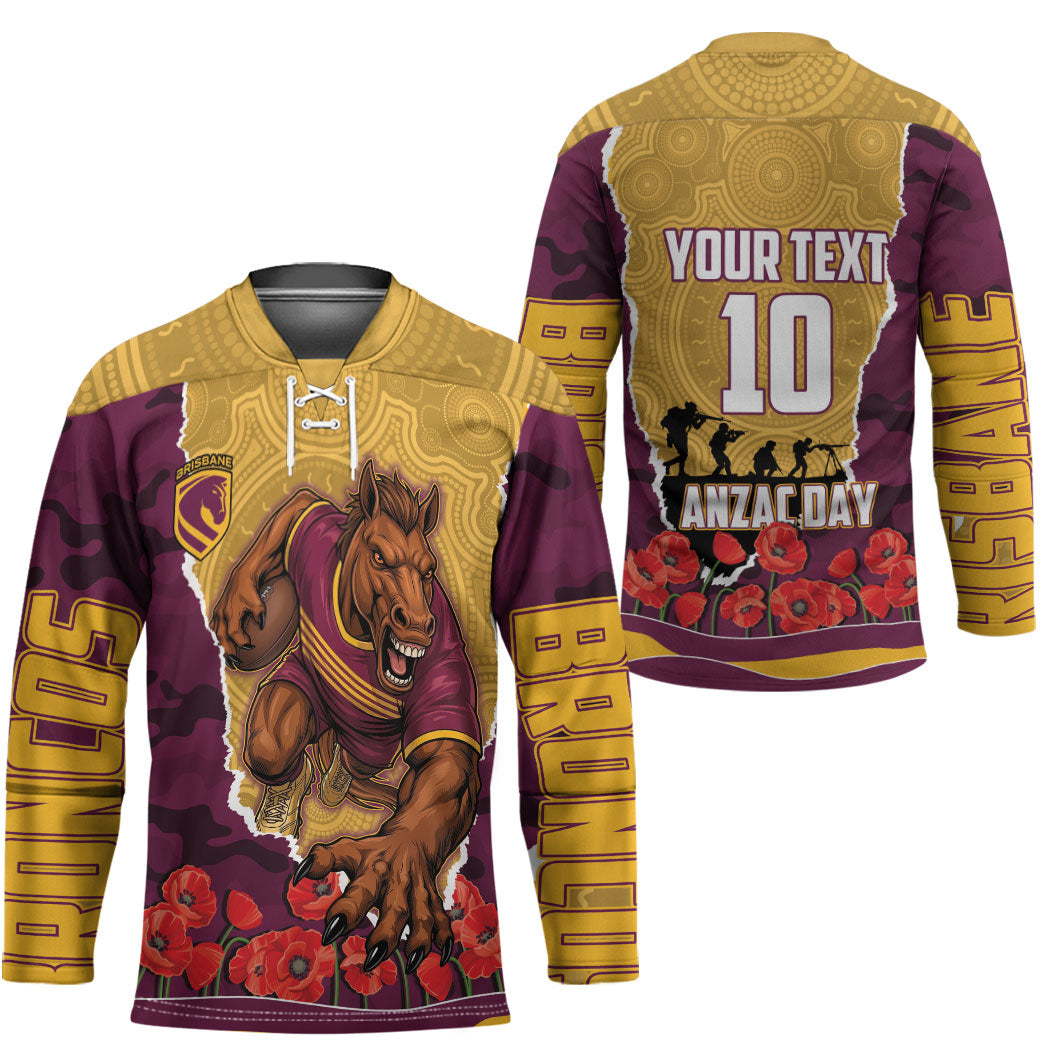 Personalized Brisbane Broncos ANZAC Tribute Hockey Jersey Poppy Field Soldier Silhouette Aboriginal Rugby Mascot
