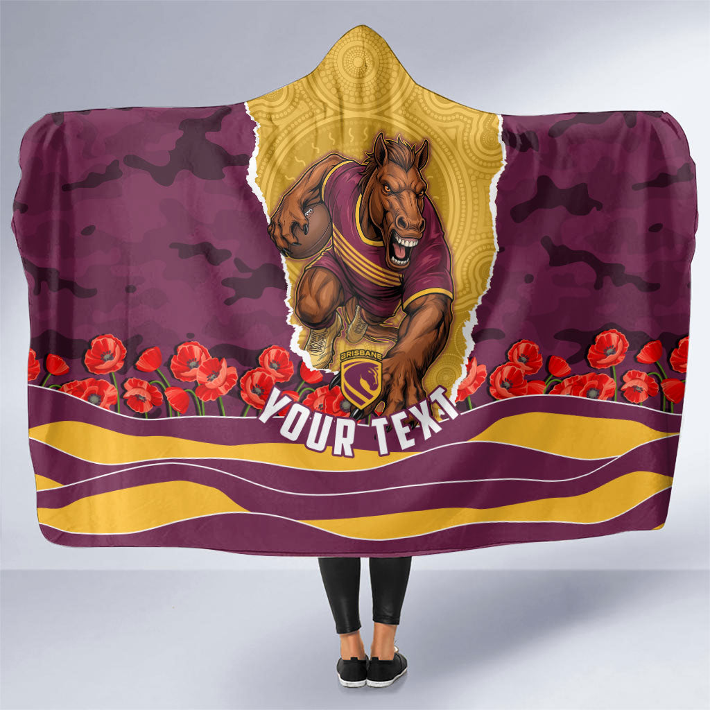 Personalized Brisbane Broncos ANZAC Tribute Hooded Blanket Poppy Field Soldier Silhouette Aboriginal Rugby Mascot