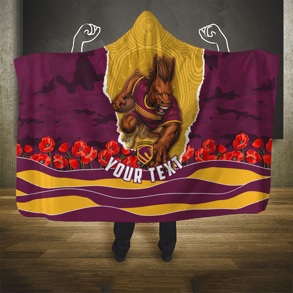 Personalized Brisbane Broncos ANZAC Tribute Hooded Blanket Poppy Field Soldier Silhouette Aboriginal Rugby Mascot