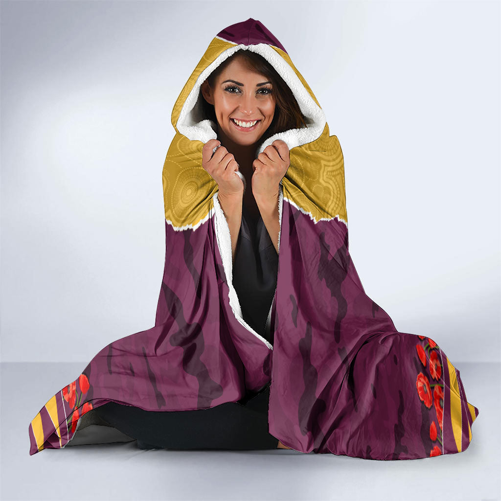Personalized Brisbane Broncos ANZAC Tribute Hooded Blanket Poppy Field Soldier Silhouette Aboriginal Rugby Mascot