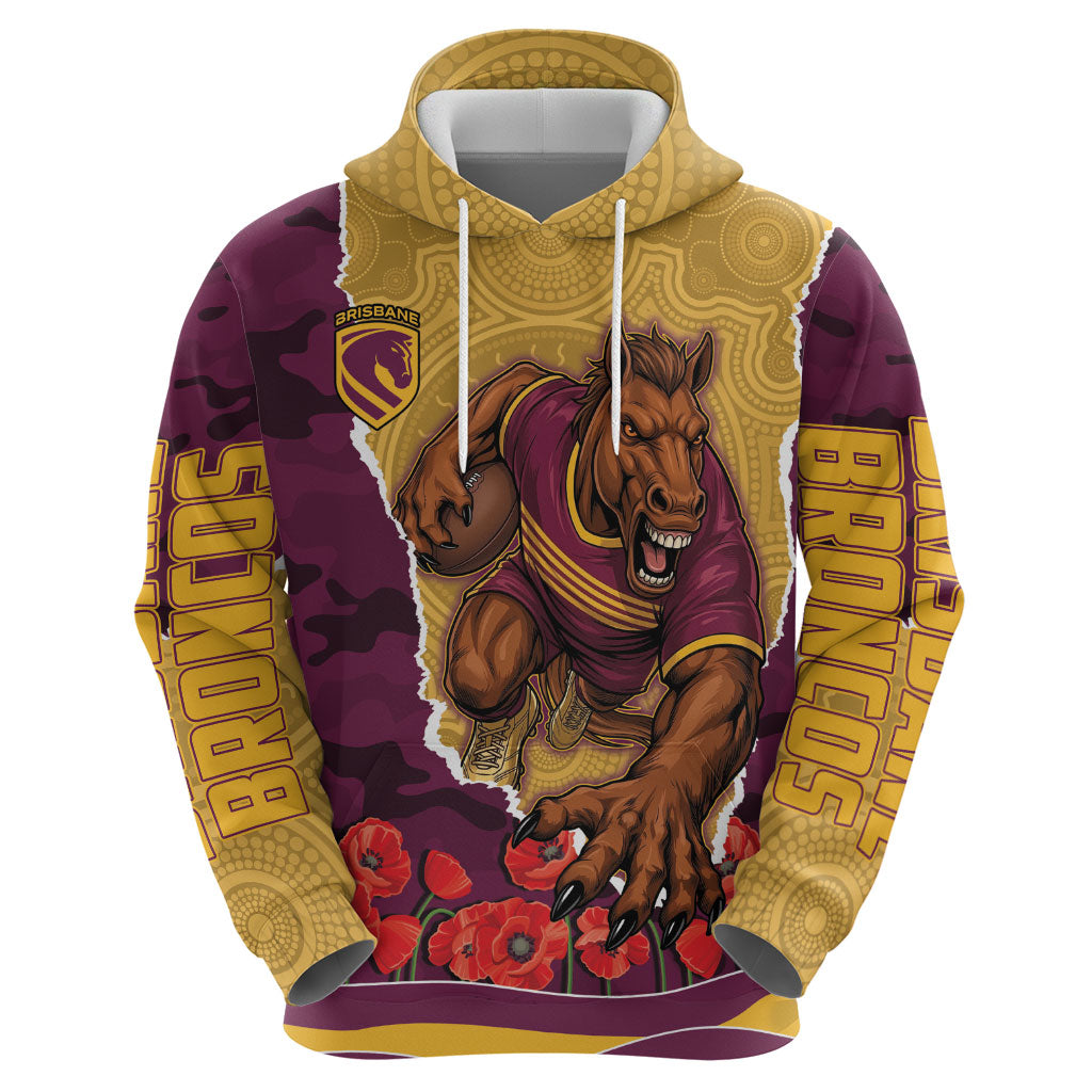 Personalized Brisbane Broncos ANZAC Tribute Hoodie Poppy Field Soldier Silhouette Aboriginal Rugby Mascot
