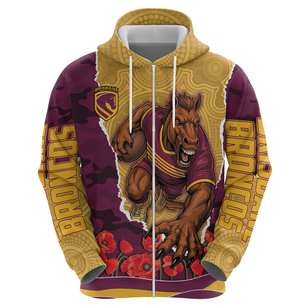 Personalized Brisbane Broncos ANZAC Tribute Hoodie Poppy Field Soldier Silhouette Aboriginal Rugby Mascot