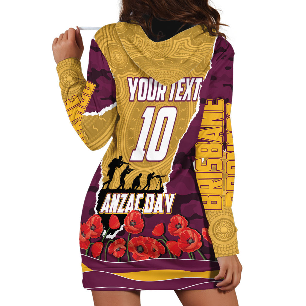 Personalized Brisbane Broncos ANZAC Tribute Hoodie Dress Poppy Field Soldier Silhouette Aboriginal Rugby Mascot