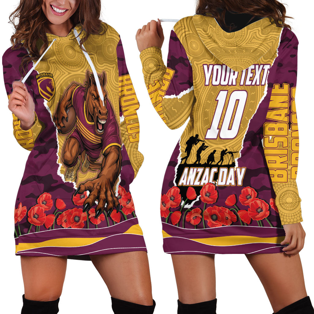 Personalized Brisbane Broncos ANZAC Tribute Hoodie Dress Poppy Field Soldier Silhouette Aboriginal Rugby Mascot