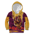 Personalized Brisbane Broncos ANZAC Tribute Kid Hoodie Poppy Field Soldier Silhouette Aboriginal Rugby Mascot
