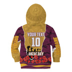 Personalized Brisbane Broncos ANZAC Tribute Kid Hoodie Poppy Field Soldier Silhouette Aboriginal Rugby Mascot