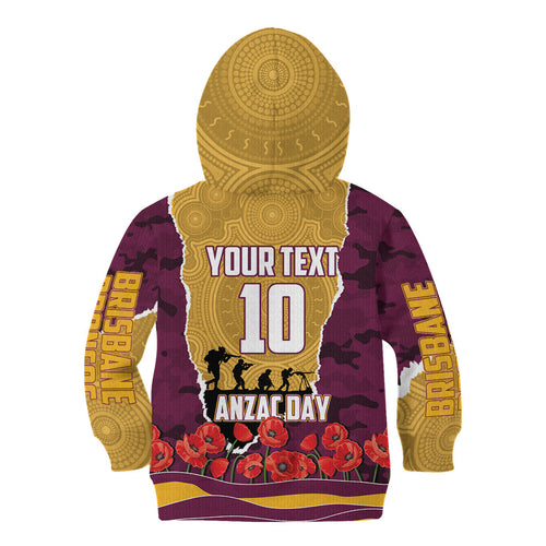 Personalized Brisbane Broncos ANZAC Tribute Kid Hoodie Poppy Field Soldier Silhouette Aboriginal Rugby Mascot