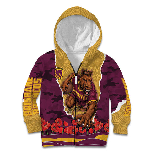 Personalized Brisbane Broncos ANZAC Tribute Kid Hoodie Poppy Field Soldier Silhouette Aboriginal Rugby Mascot