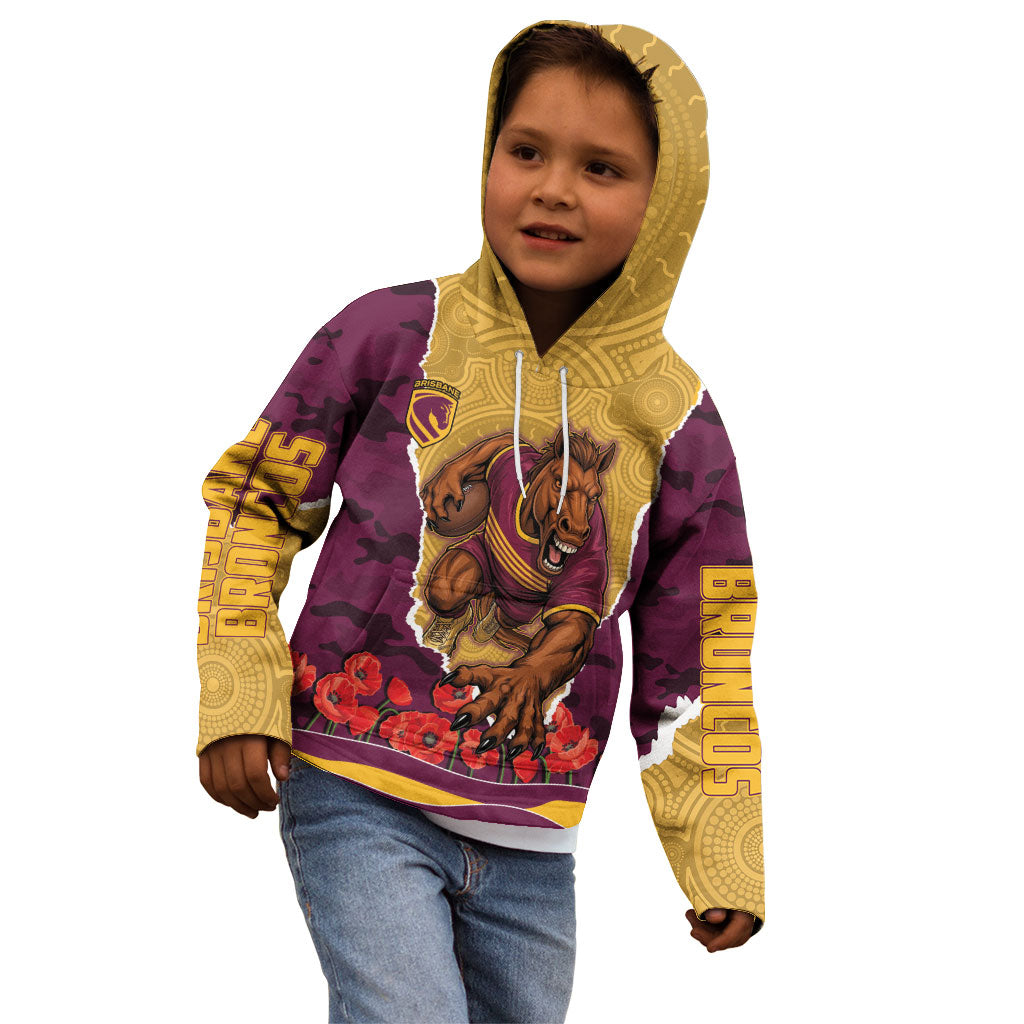 Personalized Brisbane Broncos ANZAC Tribute Kid Hoodie Poppy Field Soldier Silhouette Aboriginal Rugby Mascot