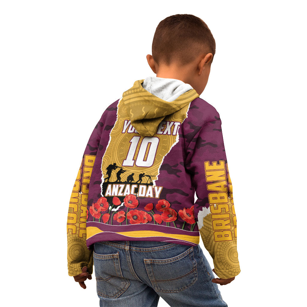 Personalized Brisbane Broncos ANZAC Tribute Kid Hoodie Poppy Field Soldier Silhouette Aboriginal Rugby Mascot