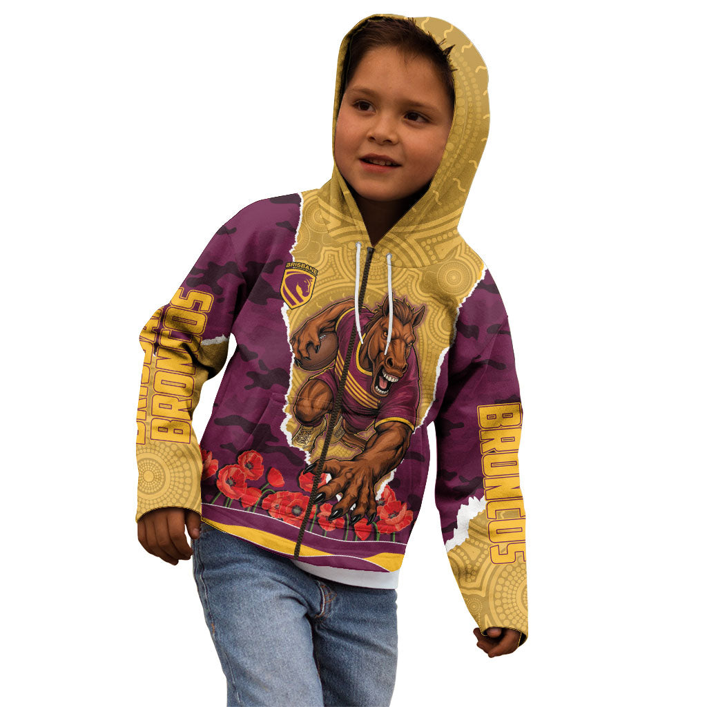 Personalized Brisbane Broncos ANZAC Tribute Kid Hoodie Poppy Field Soldier Silhouette Aboriginal Rugby Mascot