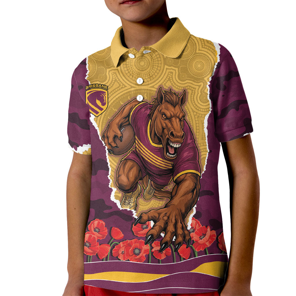 Personalized Brisbane Broncos ANZAC Tribute Kid Polo Shirt Poppy Field Soldier Silhouette Aboriginal Rugby Mascot