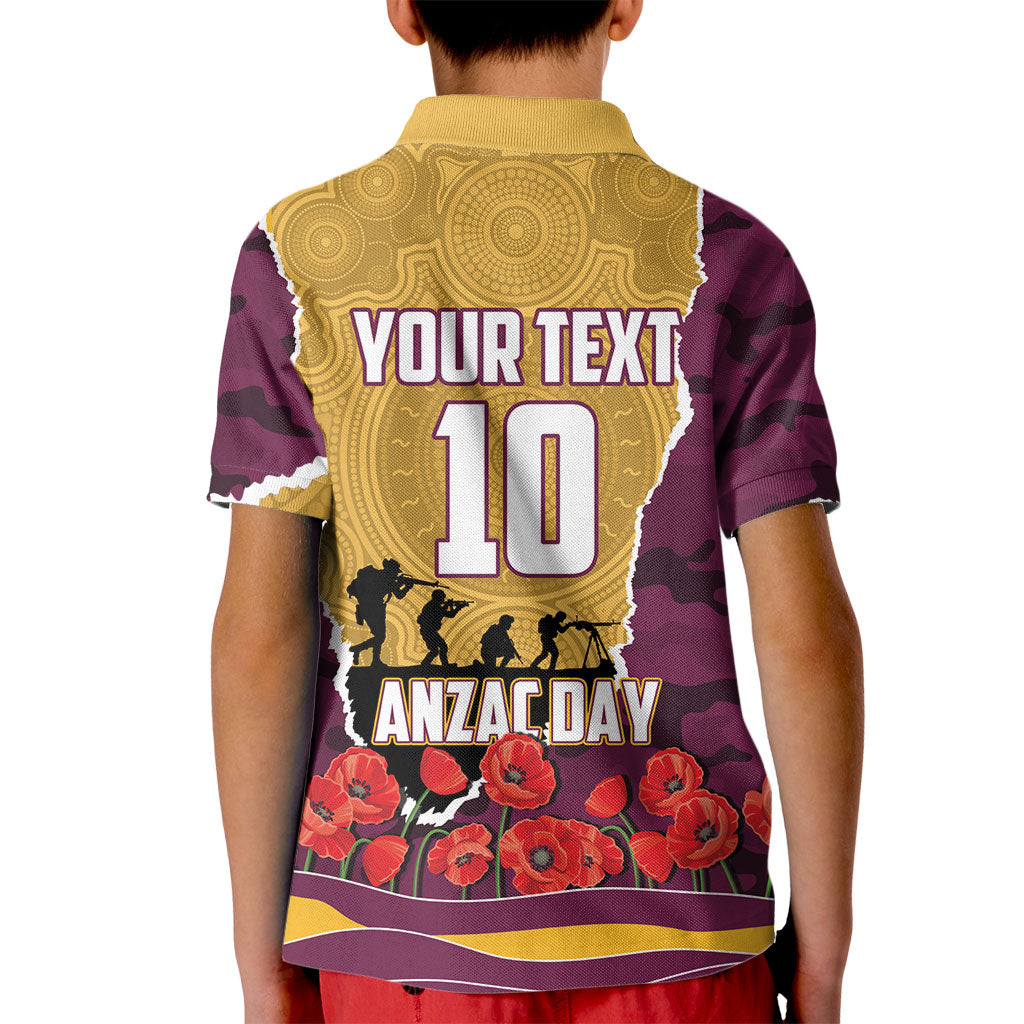 Personalized Brisbane Broncos ANZAC Tribute Kid Polo Shirt Poppy Field Soldier Silhouette Aboriginal Rugby Mascot