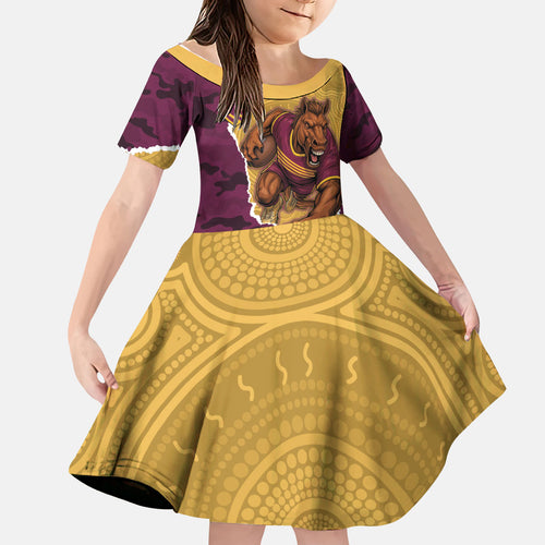 Personalized Brisbane Broncos ANZAC Tribute Kid Short Sleeve Dress Poppy Field Soldier Silhouette Aboriginal Rugby Mascot