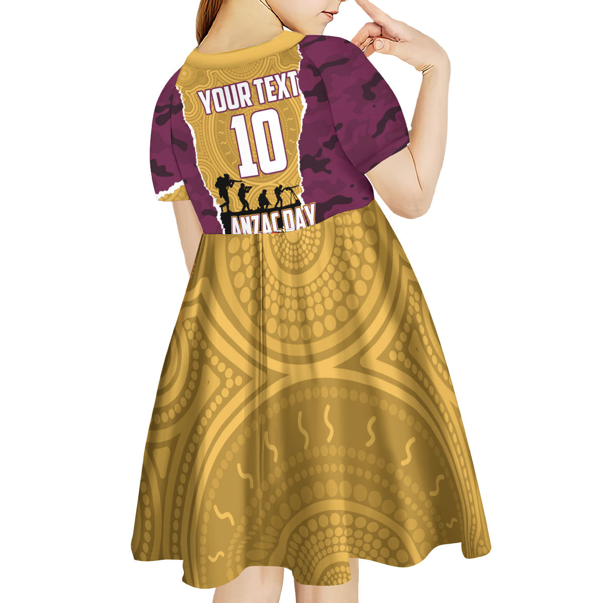 Personalized Brisbane Broncos ANZAC Tribute Kid Short Sleeve Dress Poppy Field Soldier Silhouette Aboriginal Rugby Mascot