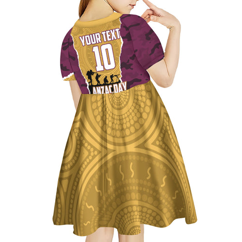 Personalized Brisbane Broncos ANZAC Tribute Kid Short Sleeve Dress Poppy Field Soldier Silhouette Aboriginal Rugby Mascot