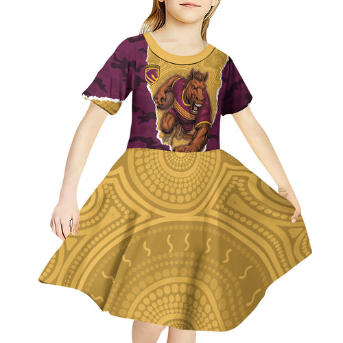 Personalized Brisbane Broncos ANZAC Tribute Kid Short Sleeve Dress Poppy Field Soldier Silhouette Aboriginal Rugby Mascot