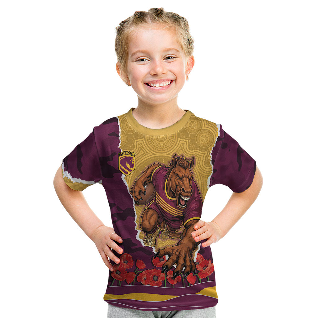 Personalized Brisbane Broncos ANZAC Tribute Kid T Shirt Poppy Field Soldier Silhouette Aboriginal Rugby Mascot