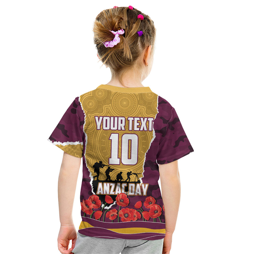 Personalized Brisbane Broncos ANZAC Tribute Kid T Shirt Poppy Field Soldier Silhouette Aboriginal Rugby Mascot