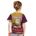 Personalized Brisbane Broncos ANZAC Tribute Kid T Shirt Poppy Field Soldier Silhouette Aboriginal Rugby Mascot