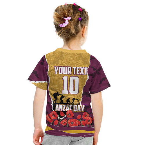 Personalized Brisbane Broncos ANZAC Tribute Kid T Shirt Poppy Field Soldier Silhouette Aboriginal Rugby Mascot