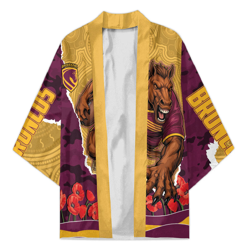 Personalized Brisbane Broncos ANZAC Tribute Kimono Poppy Field Soldier Silhouette Aboriginal Rugby Mascot