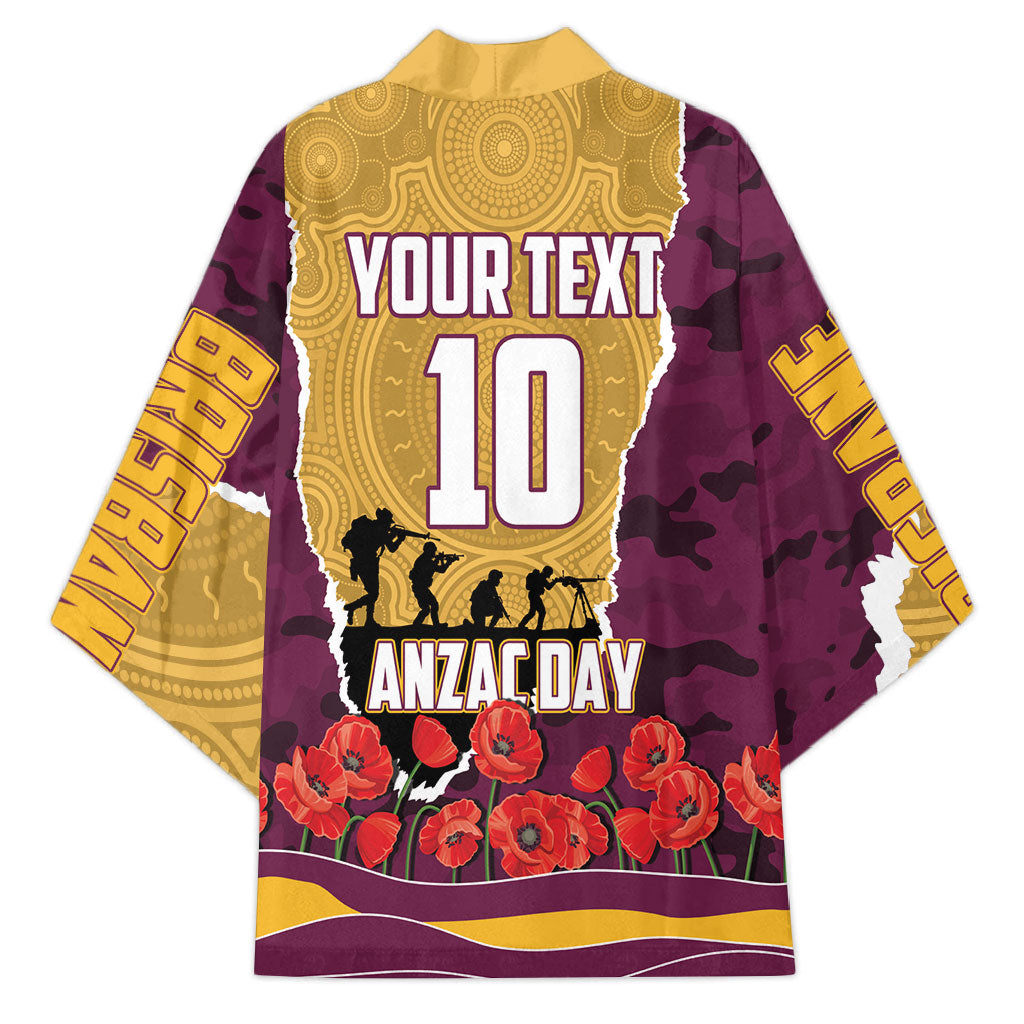 Personalized Brisbane Broncos ANZAC Tribute Kimono Poppy Field Soldier Silhouette Aboriginal Rugby Mascot