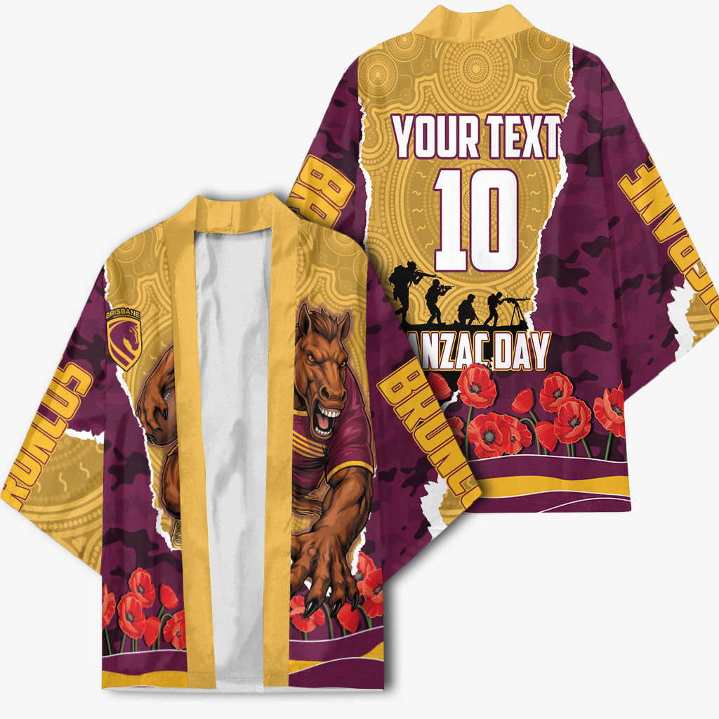 Personalized Brisbane Broncos ANZAC Tribute Kimono Poppy Field Soldier Silhouette Aboriginal Rugby Mascot