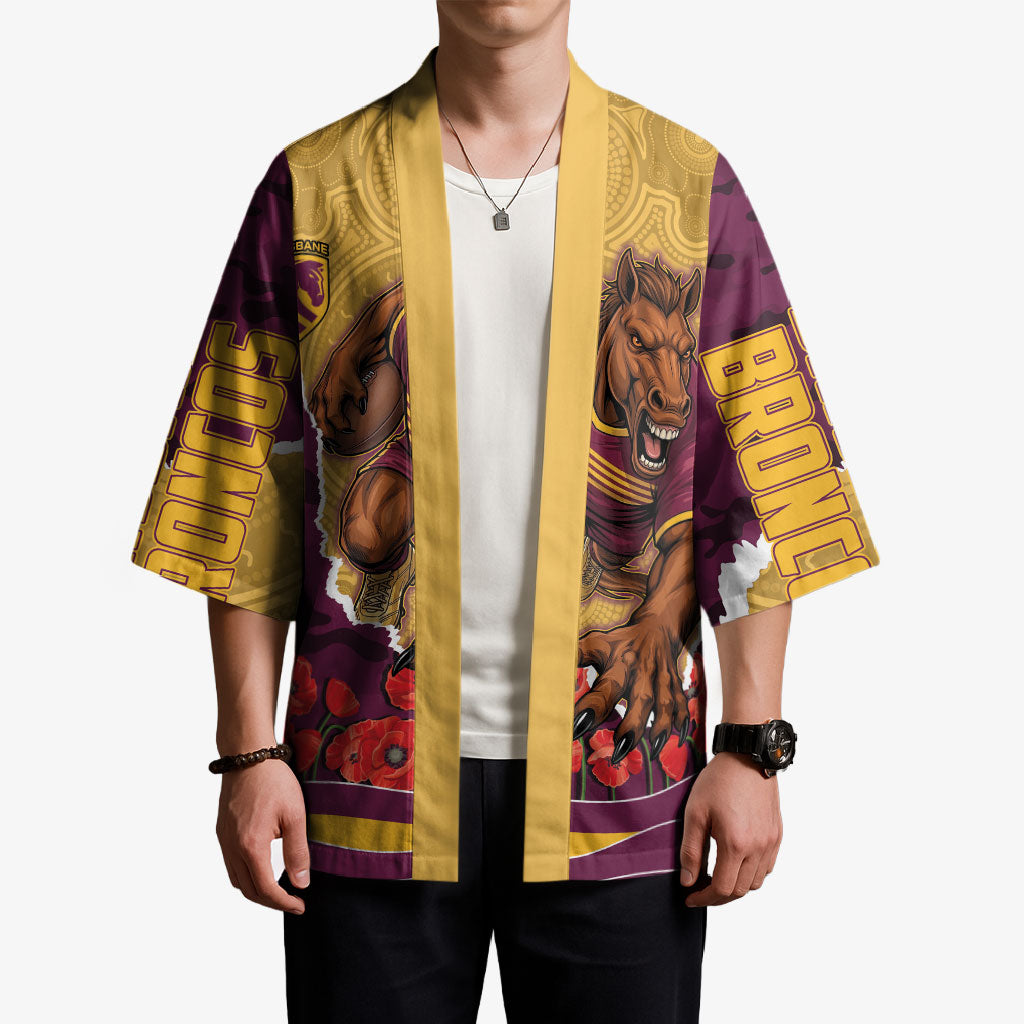 Personalized Brisbane Broncos ANZAC Tribute Kimono Poppy Field Soldier Silhouette Aboriginal Rugby Mascot