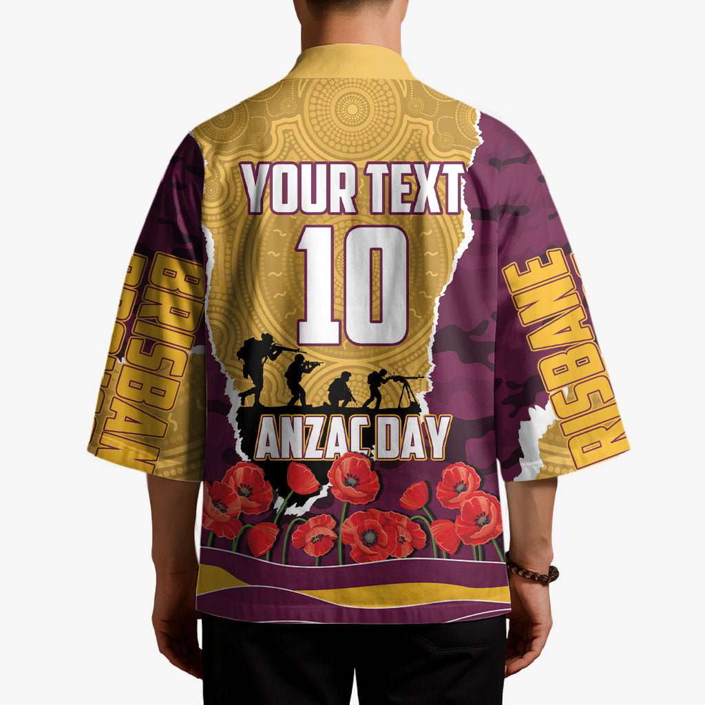 Personalized Brisbane Broncos ANZAC Tribute Kimono Poppy Field Soldier Silhouette Aboriginal Rugby Mascot