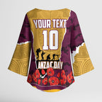 Personalized Brisbane Broncos ANZAC Tribute Kimono Sleeve Blouse Poppy Field Soldier Silhouette Aboriginal Rugby Mascot