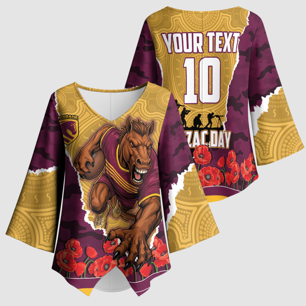 Personalized Brisbane Broncos ANZAC Tribute Kimono Sleeve Blouse Poppy Field Soldier Silhouette Aboriginal Rugby Mascot