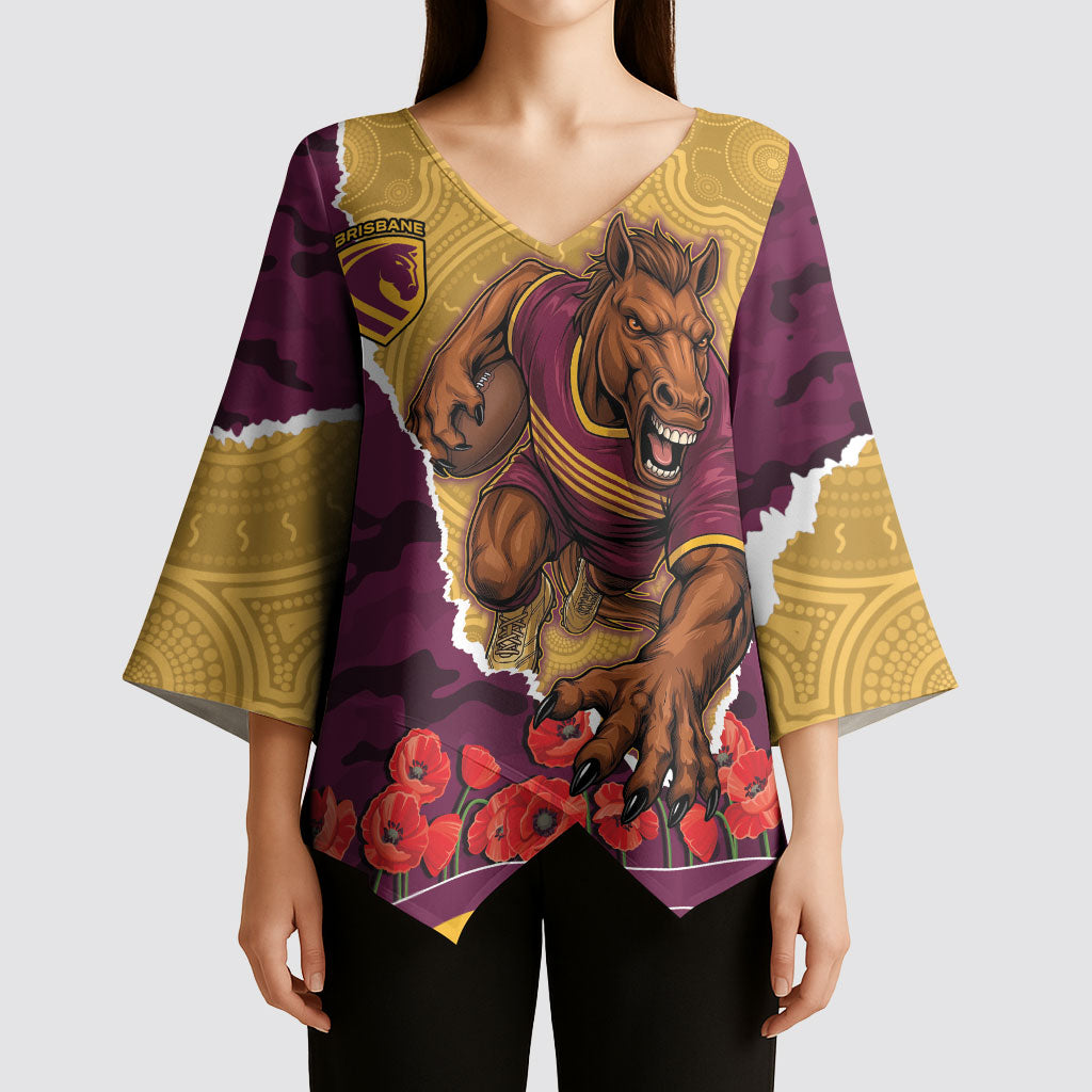 Personalized Brisbane Broncos ANZAC Tribute Kimono Sleeve Blouse Poppy Field Soldier Silhouette Aboriginal Rugby Mascot