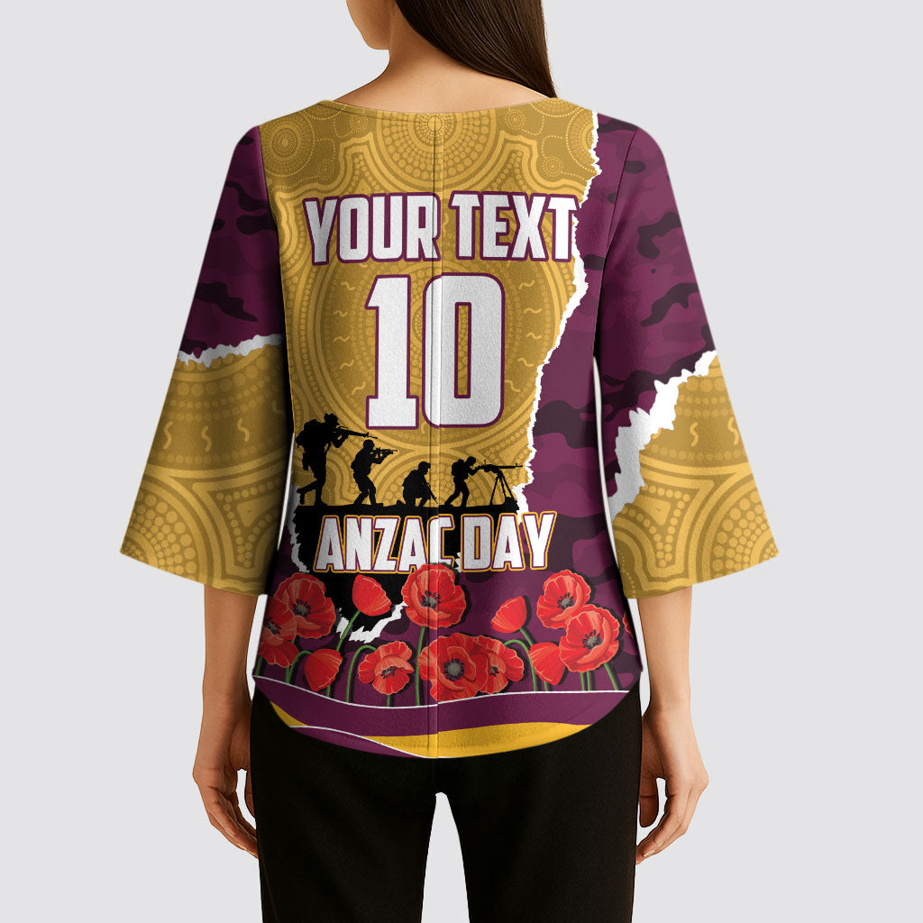 Personalized Brisbane Broncos ANZAC Tribute Kimono Sleeve Blouse Poppy Field Soldier Silhouette Aboriginal Rugby Mascot