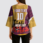 Personalized Brisbane Broncos ANZAC Tribute Kimono Sleeve Blouse Poppy Field Soldier Silhouette Aboriginal Rugby Mascot