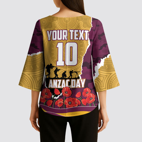 Personalized Brisbane Broncos ANZAC Tribute Kimono Sleeve Blouse Poppy Field Soldier Silhouette Aboriginal Rugby Mascot